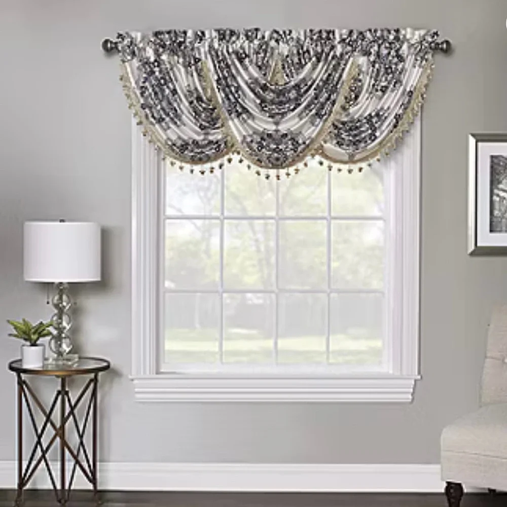 Elegant Waterfall Valance (window curtains) – Navy, White & Gold